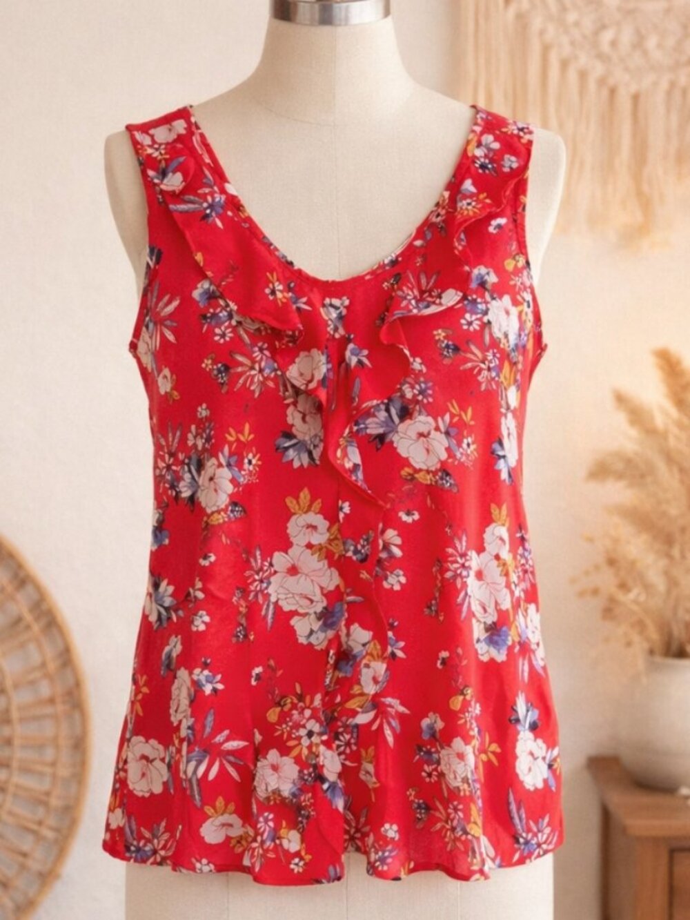 Pink Rose Red Floral Ruffle Trim Chiffon Sleeveless Top Shirt S Boho Cottagecore